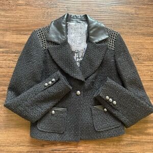 GUESS Jeans Black Bouclé Tweed Moto Jacket – Leather & Chain Detail Size Large